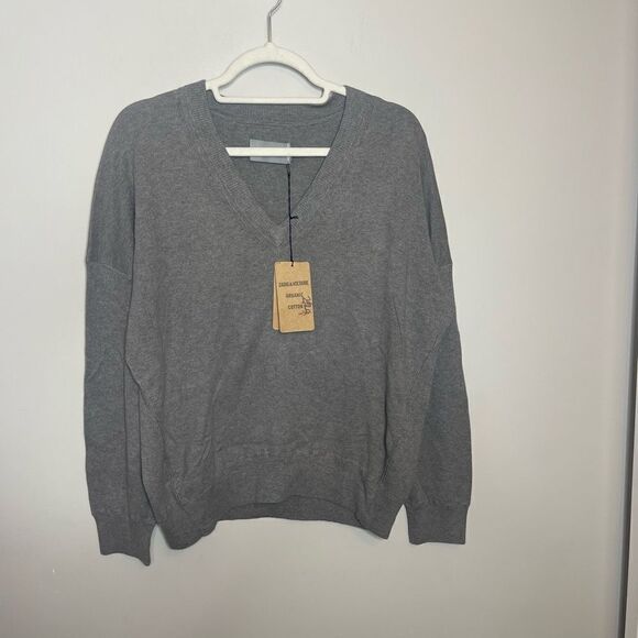 ZADIG & VOLTAIRE Brumy V-Neck Sweater Slub Cotton Gray Size Small - Picture 8 of 12